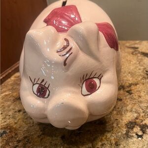 Adorable Vintage Ceramic Piggy Bank with Big  Eyes and Red Bow